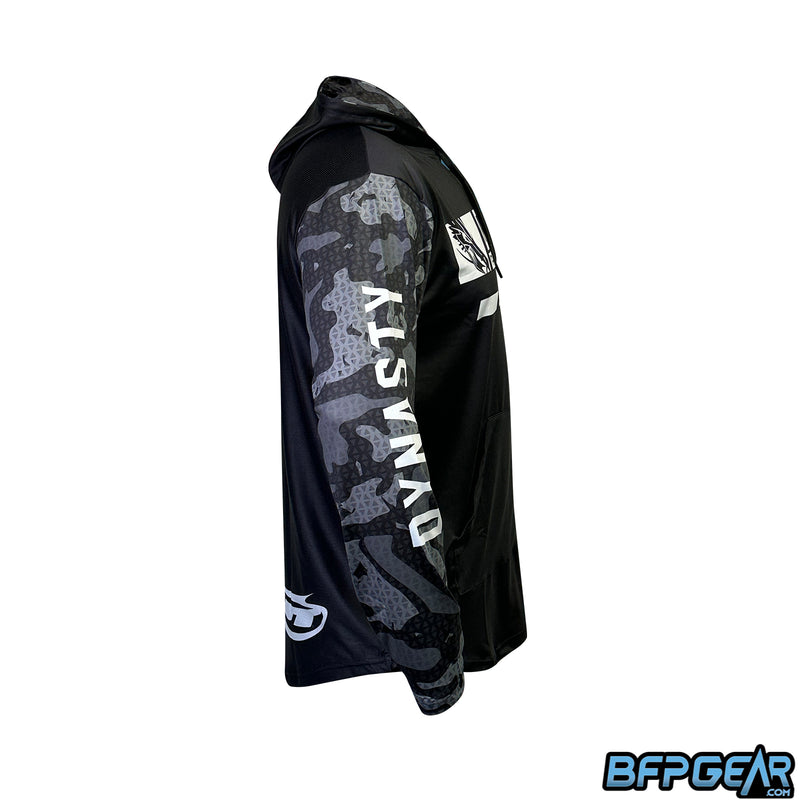 The right side of the black marble drift hoodie. Dynasty is written on the sleeve.