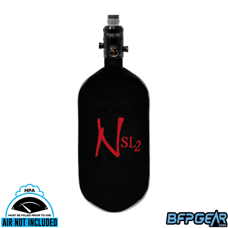 The Ninja SL2 77ci air tank in black and red with the Pro V3 regulator. The regulator bonnet is stainless steel.