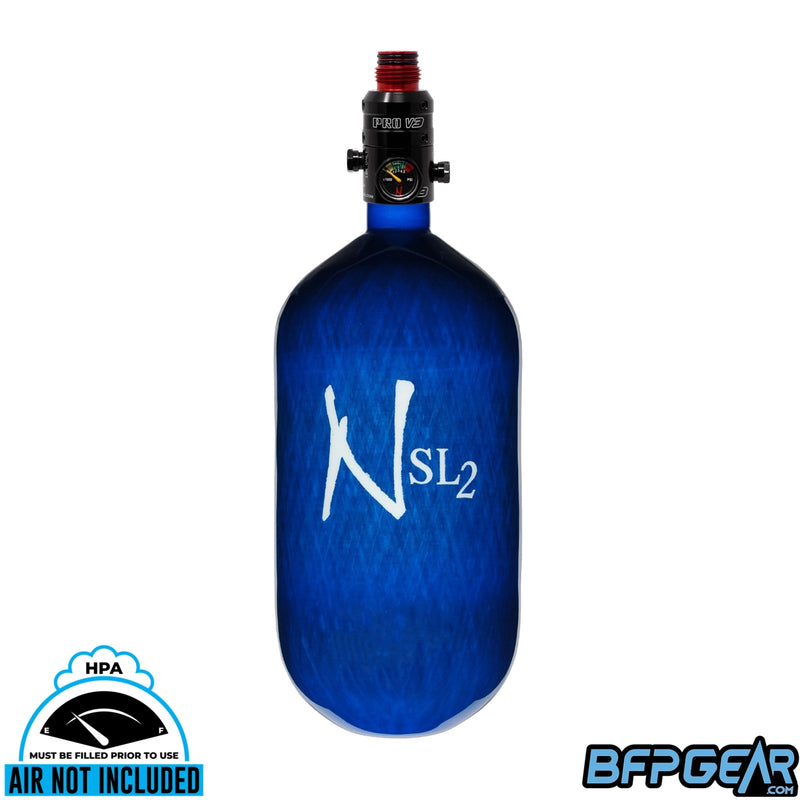 The Ninja SL2 77ci air tank in blue and white with the Pro V3 regulator. The regulator bonnet is aluminum.