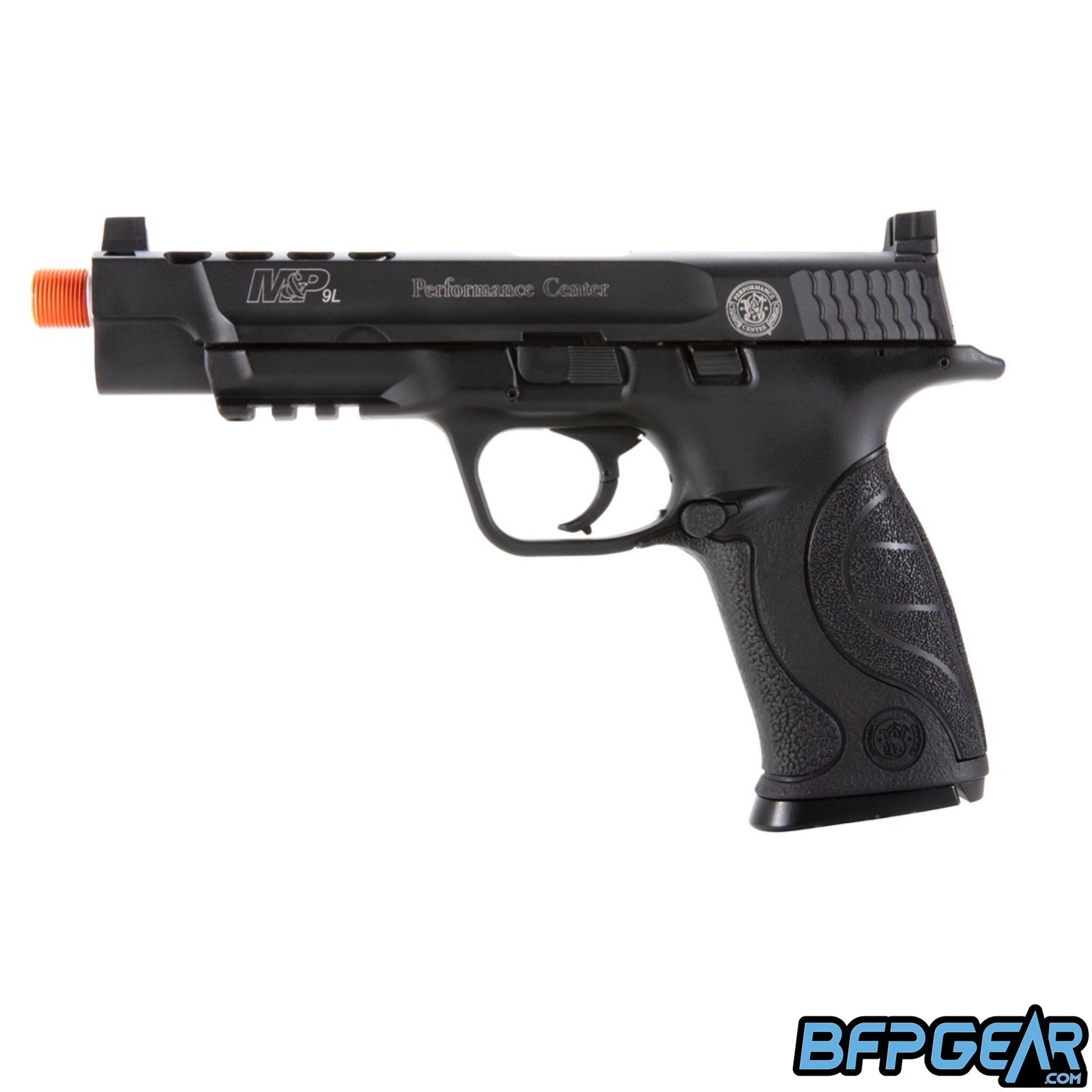 The Smith and Wesson M&P9L performance airsoft pistol in black. This side shows the safety switch