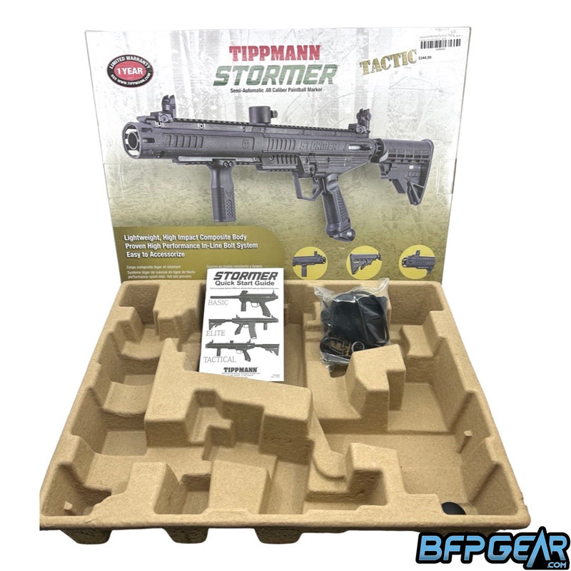 The Stormer Tactical packaging. Cardboard mold fits the marker and marker accessories easily. Included are spare parts, barrel squeegee, barrel sock, and a user manual.