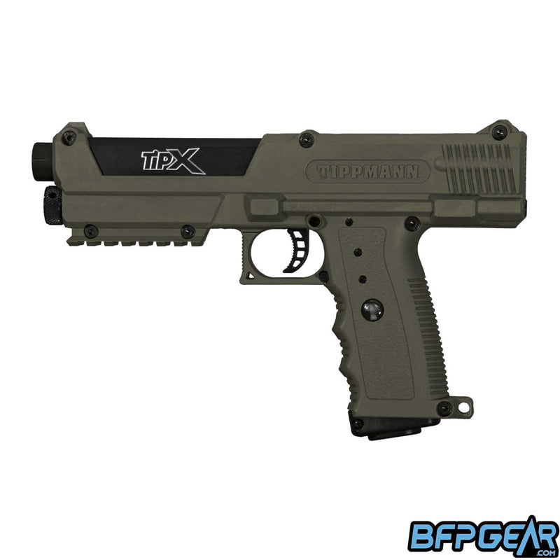 The Tippmann TiPX paintball pistol in army green.