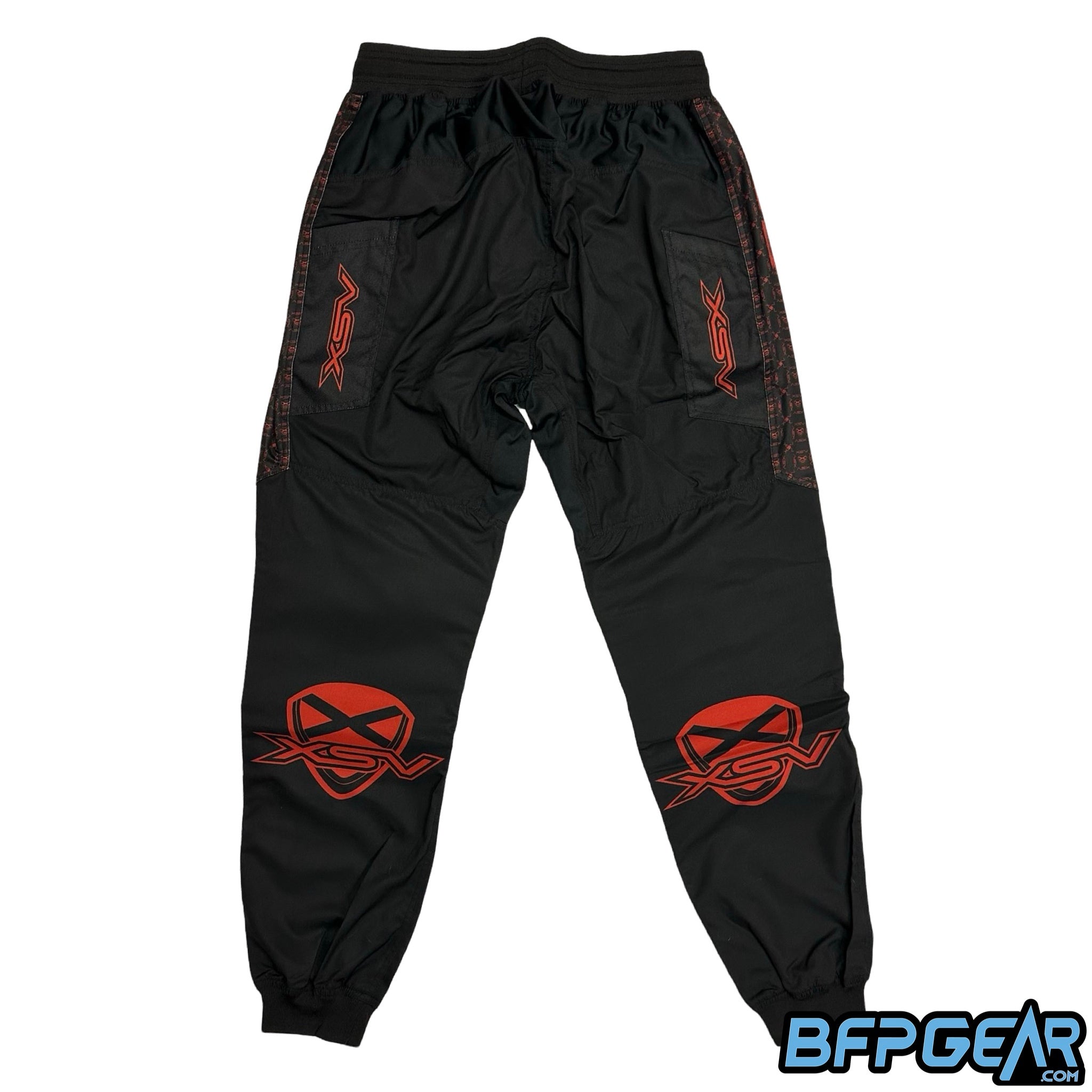 The back of the XSV 24 Pro Joggers. Red XSV logos are just above the ankle, and the barrel swab sleeves have the XSV logo on them in red.