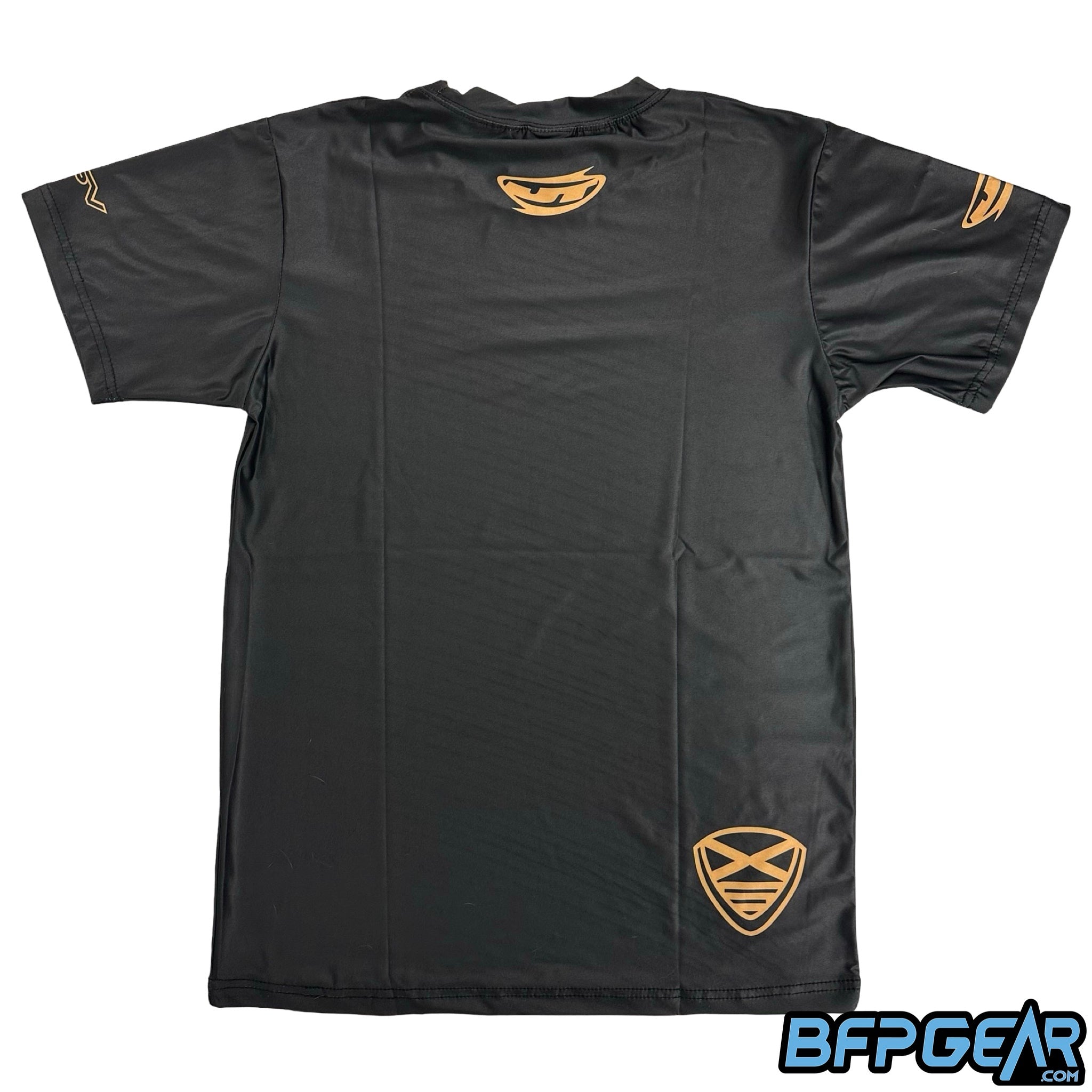 The back of the XSV 2025 shirt. Black shirt with gold lettering and logos. The back of the neck has the JT Banana logo, and the bottom right of the shirt has the XSV shield logo.