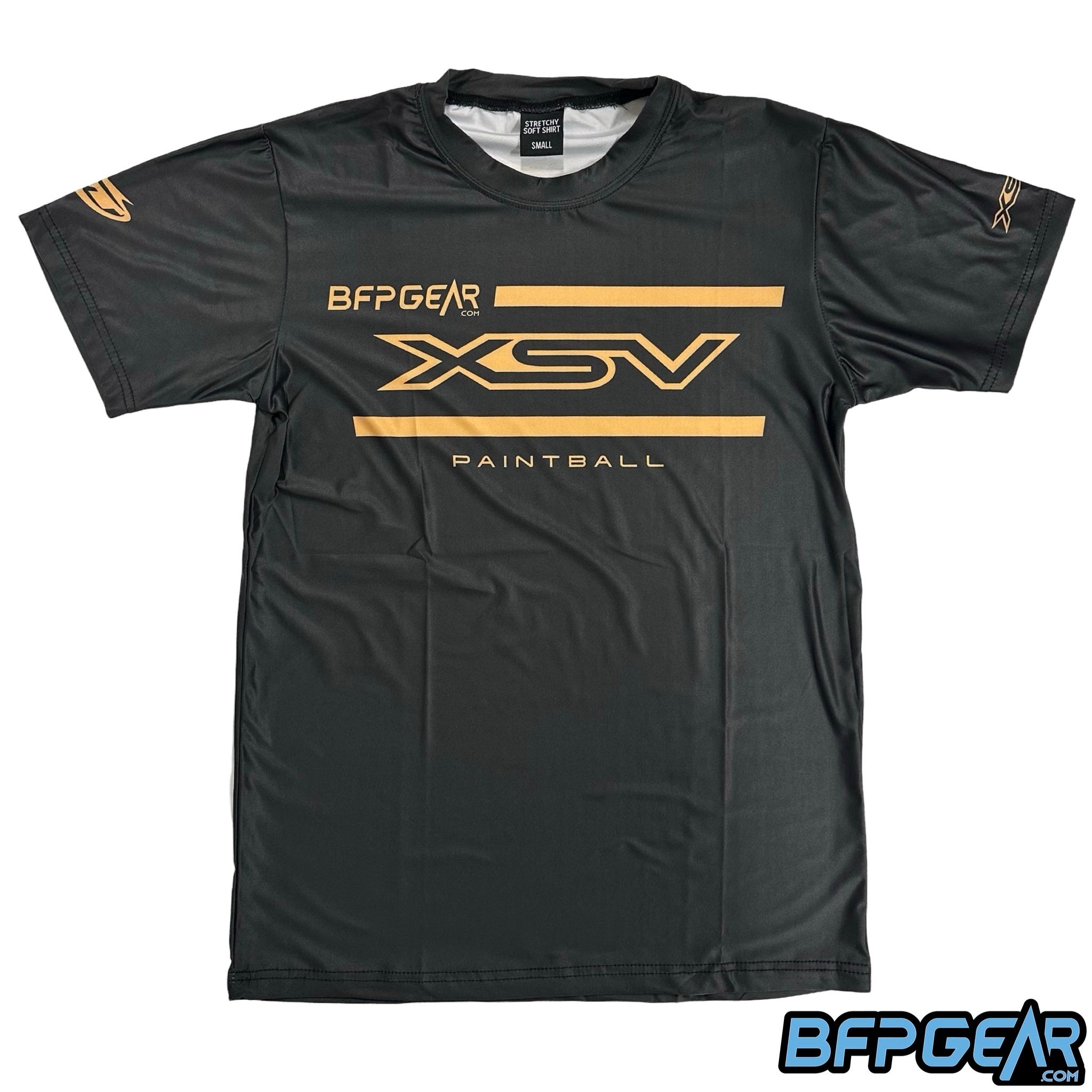 The XSV 2025 shirt front. All black shirt with gold XSV logo on the front. The left sleeve has the JT Banana logo and the right sleeve has the XSV logo.