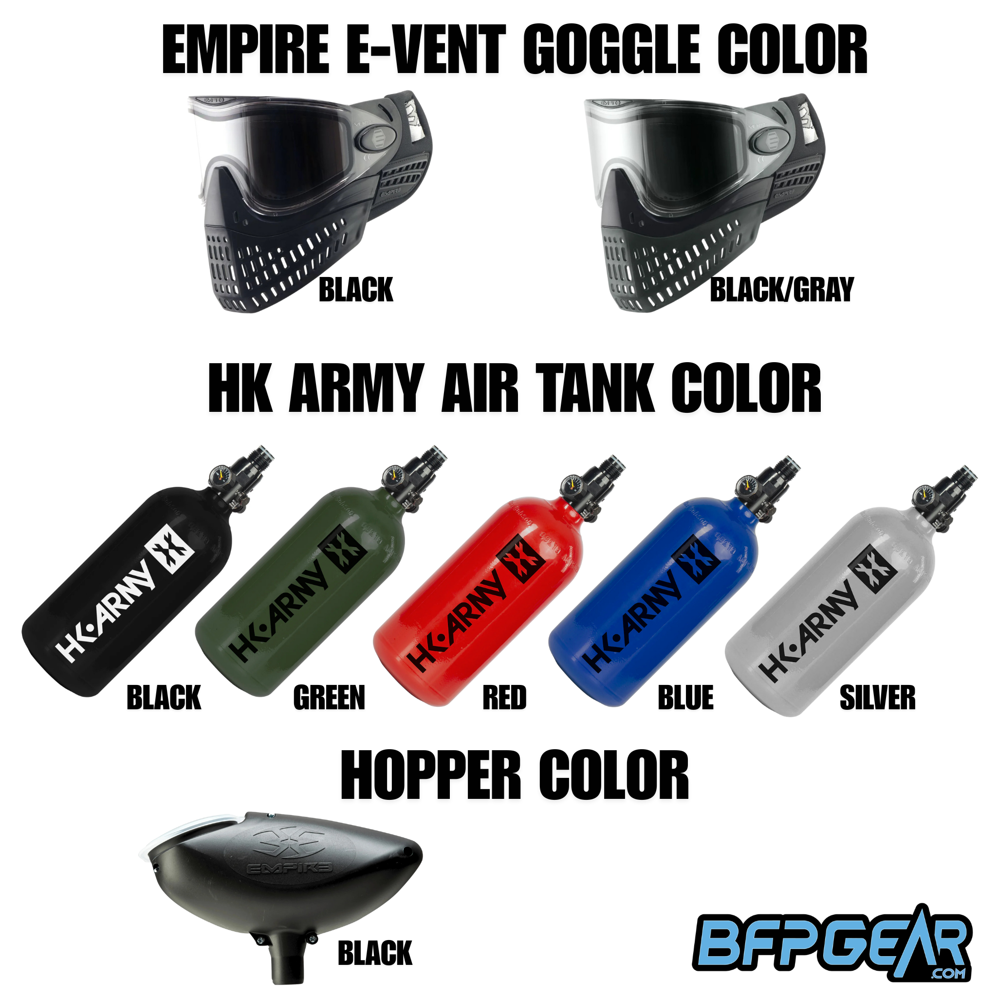 Beginner paintball kit color options showing mask hopper and air tank choices