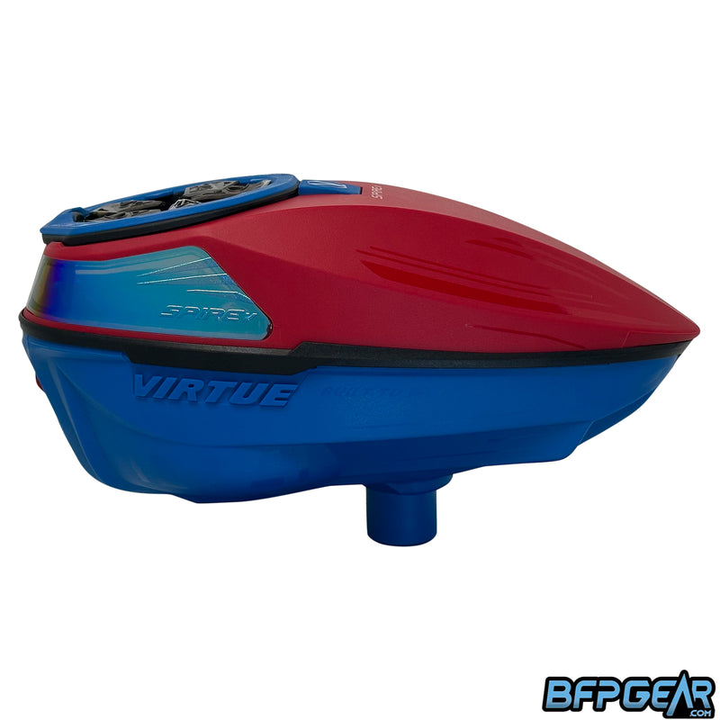 The Virtue Spire V in Dark Patriot. Red top shell, blue bottom shell, and black trim.