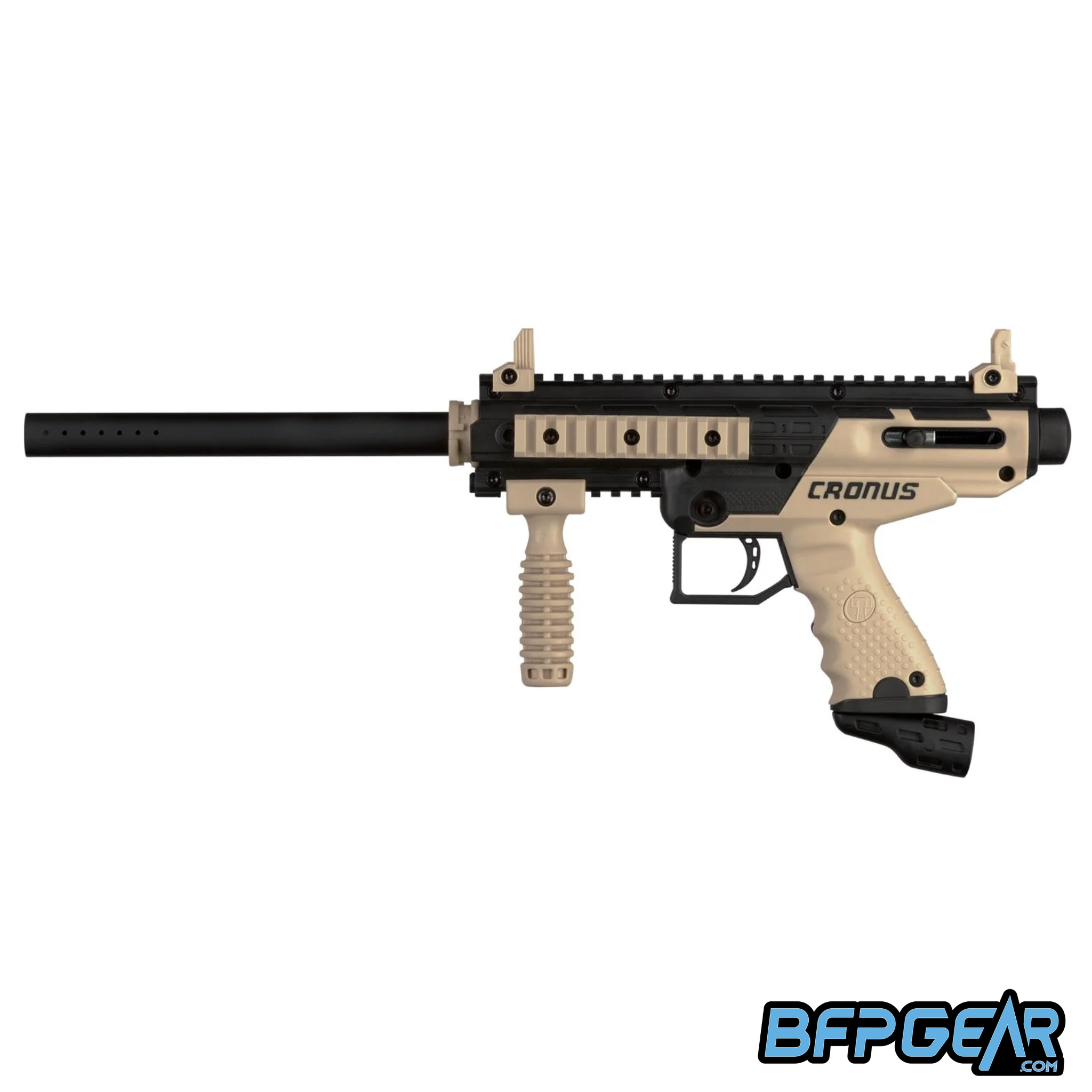 Tippmann Cronus paintball marker in tan and black with tactical front grip and long barrel, shown in side profile.