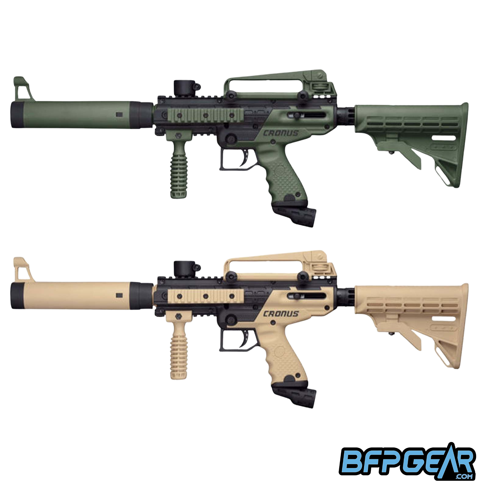 Side-by-side view of the Tippmann Cronus Tactical paintball marker in olive and black and tan and black, both featuring a mock silencer, collapsible stock, vertical foregrip, and carry handle with integrated sight, displayed with BFPGear branding.