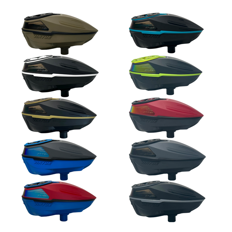 A photo of all available color swaps of the Spire V paintball loader. 