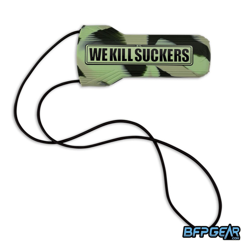 Evalast barrel cover in WKS Camo. A mix of black, green, and olive swirl with black text that reads We Kill Suckers.