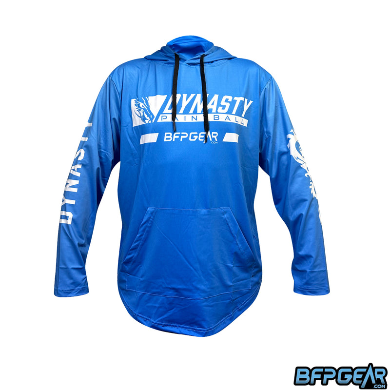 Front of the Dynasty Paintball Dri-Fit hoodie. Blue with white text that reads Dynasty Paintball and BFPGEAR. A dragon adorns the right sleeve, and Dynasty is spelled out on the left sleeve.