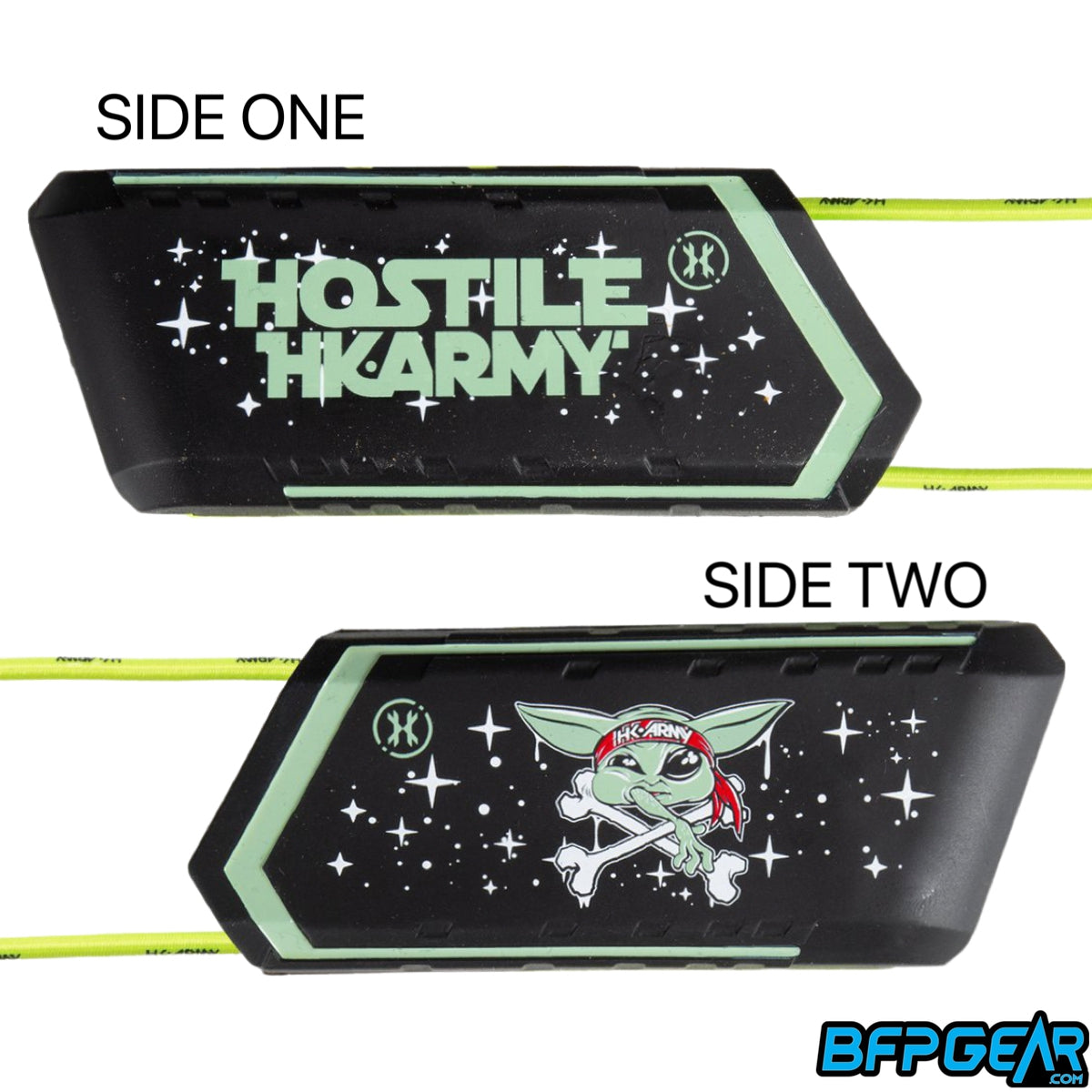 HK Army Ball Breaker series barrel condom or paintball barrel blocker with heavy duty silicone and reinforced elastic strap. Design is HSTL Wars Baby H