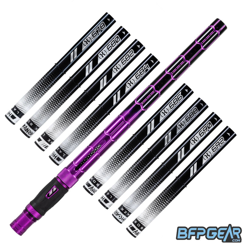8 black barrel inserts with the Nexus barrel. A hexagon pattern is etched throughout the barrel, giving it a high tech aesthetic. The inlay pattern is gloss purple, and the barrel fades from gloss purple to gloss black.