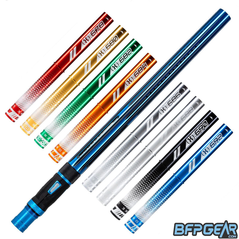 8 barrel inserts shown in different colors, as well as the Nova barrel. A straight, streamlined pattern with linear porting, the inlays are dust black, and the outside is gloss blue.