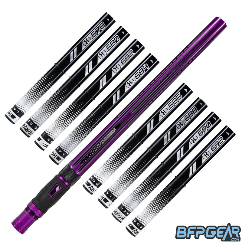 8 barrel inserts shown in black, as well as the Nova barrel. A straight, streamlined pattern with linear porting, the inlays are dust black, and the outside is gloss purple.