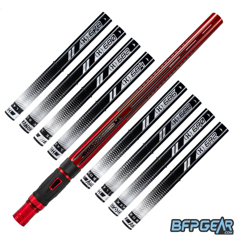 8 barrel inserts shown in black, as well as the Nova barrel. A straight, streamlined pattern with linear porting, the inlays are dust black, and the outside is gloss red.