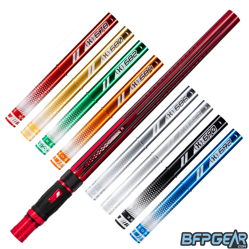 8 barrel inserts shown in different colors, as well as the Nova barrel. A straight, streamlined pattern with linear porting, the inlays are dust black, and the outside is gloss red.