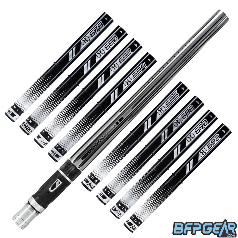 8 barrel inserts shown in black, as well as the Nova barrel. A straight, streamlined pattern with linear porting, the inlays are dust black, and the outside is gloss silver.