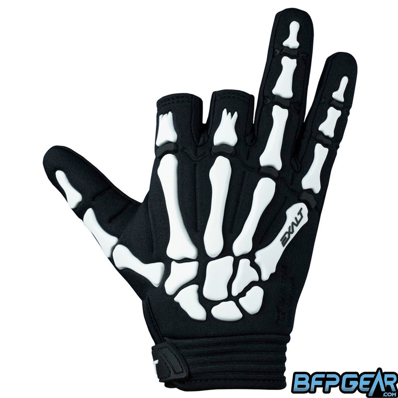 Exalt Half Finger Death Grip Gloves in White. Two fingers are cut off to allow the player to feel their marker better. The pattern is of bones you'd find in your hand.