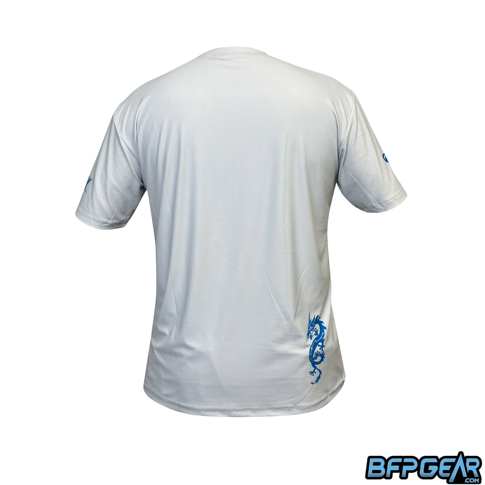 The back of the stretchy soft shirt. The shirt is all light grey and has the Dynasty dragon in blue towards the bottom right of the shirt.