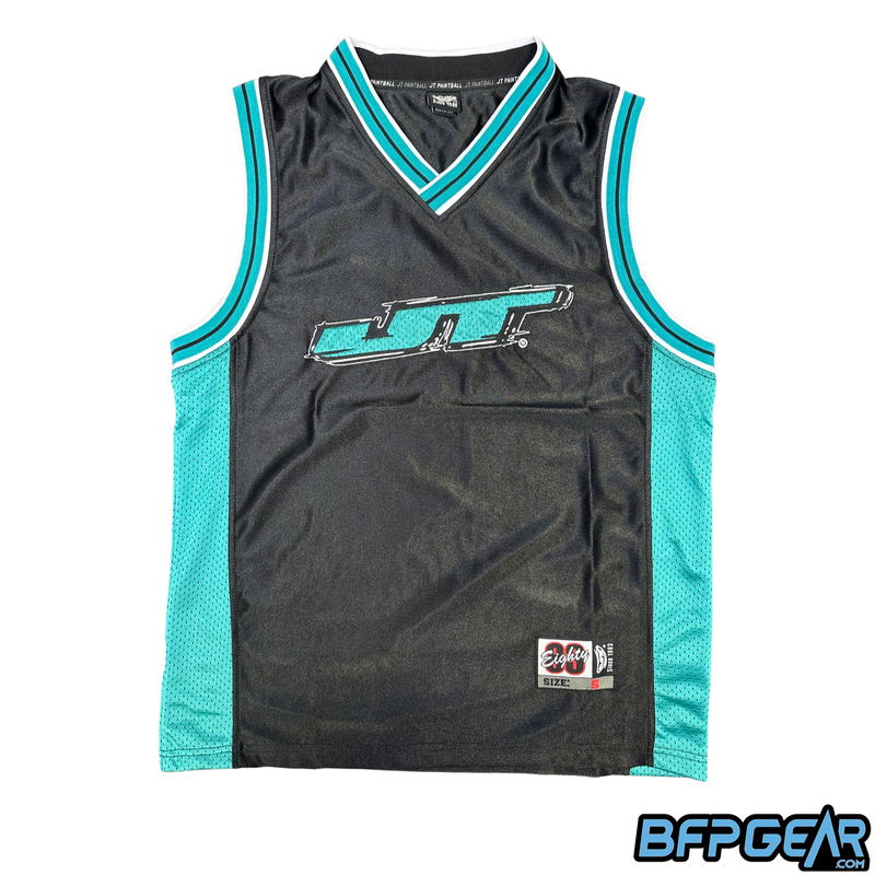 Front facing photo of the black and teal basketball jersey. The center has an embroidered JT logo in teal. The collar, sleeve trim, and mesh sides are all teal.