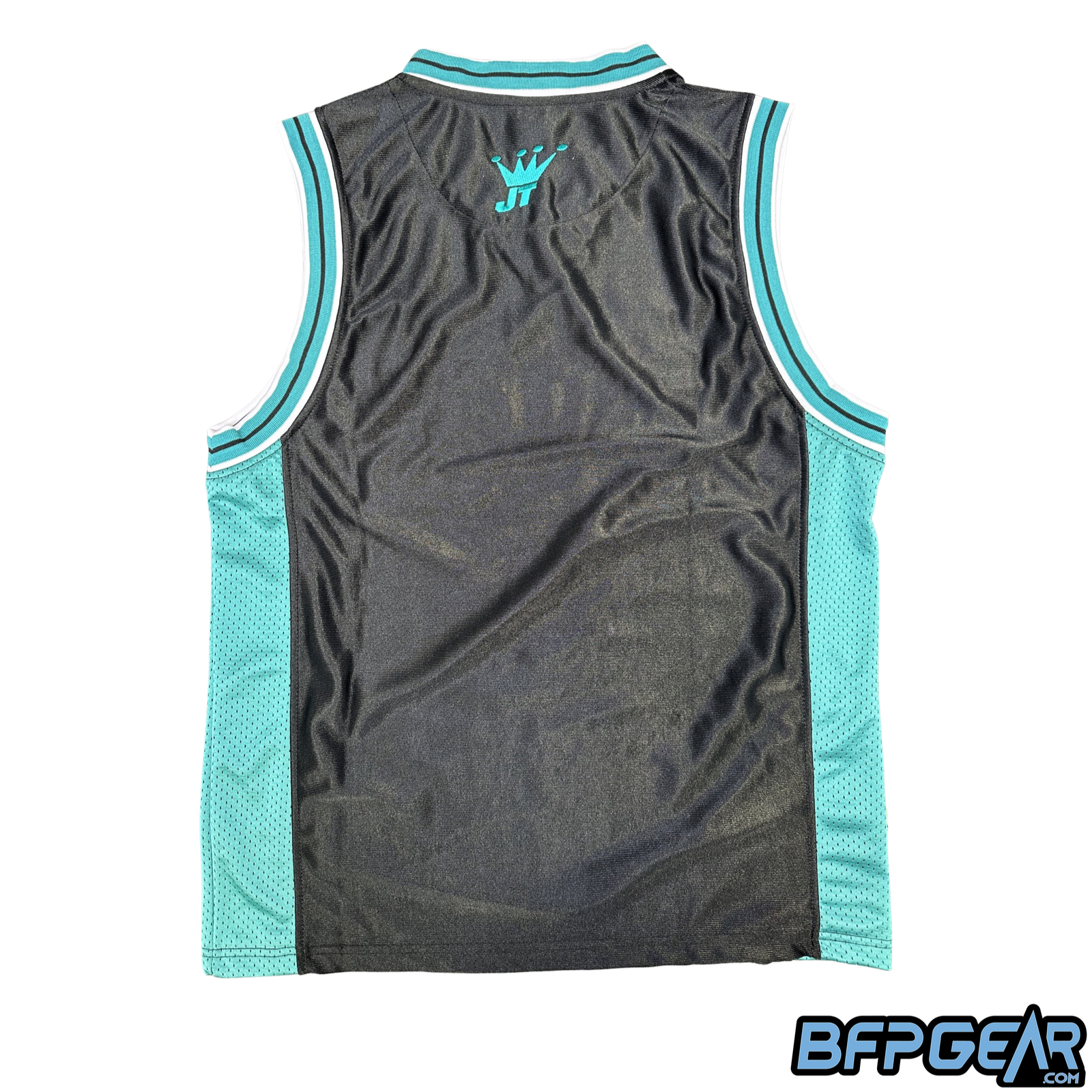The backside of the teal and black jersey. This image shows the teal elastic trim for the arms and the back of the neck, and the teal mesh sides.