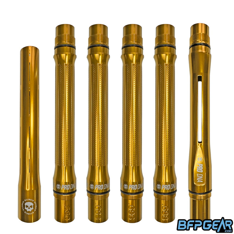 Gloss Gold PRO DNA Silencio Full Barrel Kit showing barrel backs with sizing and tip.