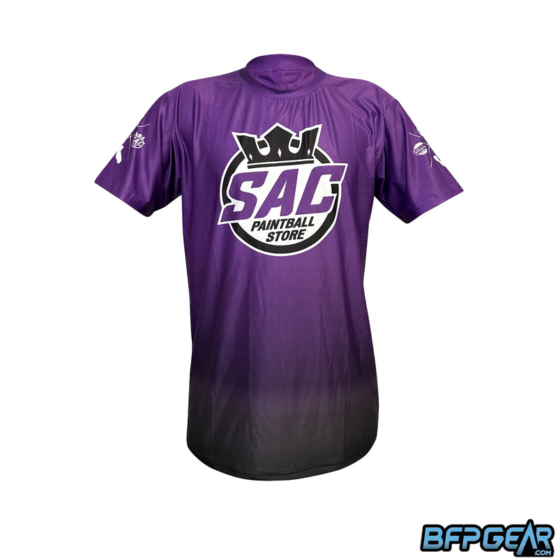 The Sac Paintball Stretchy Soft t shirt. Purple to black fade with the Sac Paintball logo on the front.