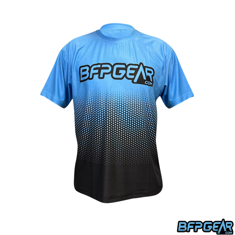 The JT Stretchy Soft shirt with the BFPGear logo on the front. Light blue to black fade with a hexagonal pattern.