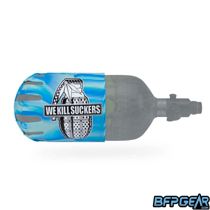 Knuckle Butt tank cover in WKS Grenade Cyan. Sky blue, light blue, and royal blue swirl pattern with a white grenade that reads We Kill Suckers in white text.