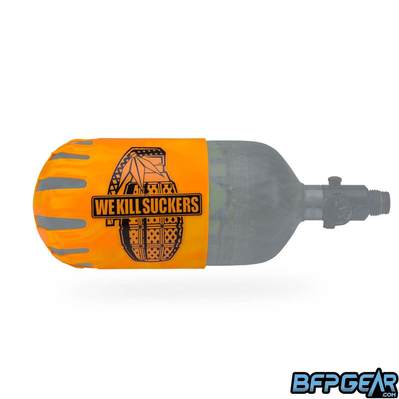 Knuckle Butt tank cover in WKS Grenade Orange. Yellow and orange swirl pattern with a black grenade that reads We Kill Suckers in black text.
