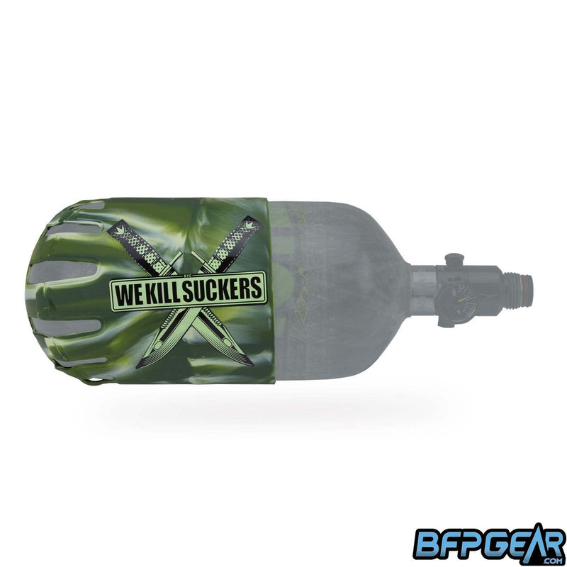 Knuckle Butt tank cover in WKS Knife Camo. Green, olive and light green swirl pattern with two knives in an X. We Kill Suckers is over the knives in black text.