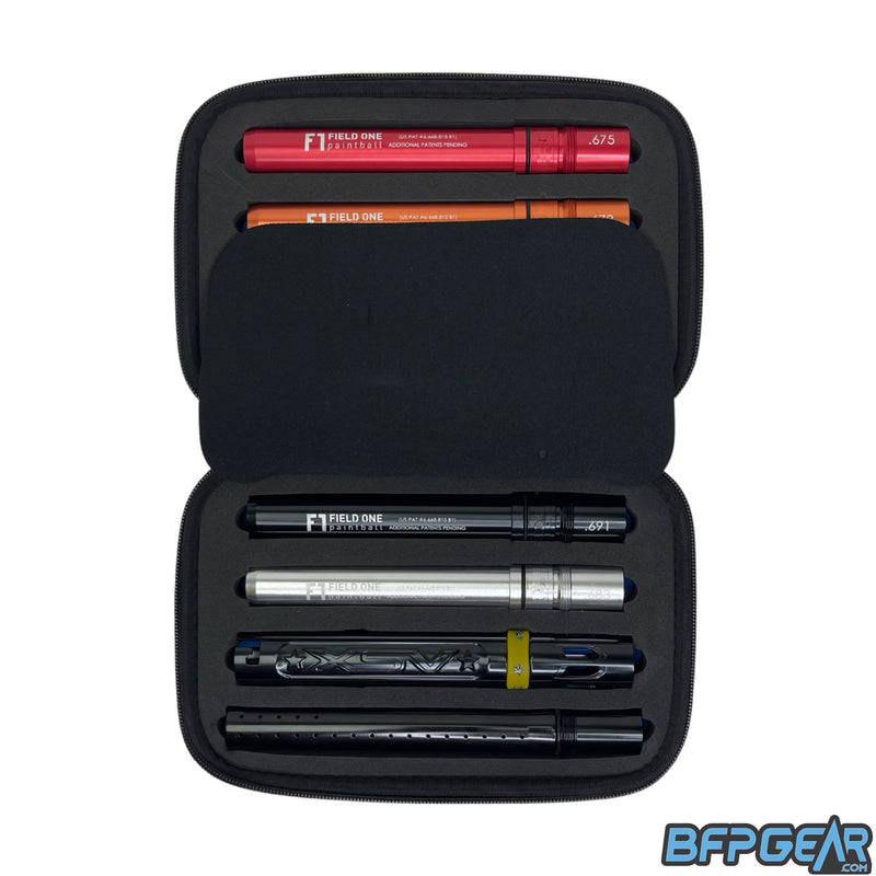 A picture of the XSV Acculock barrel in the protective case. A middle flap covers four of the inserts, and displayed are two inserts, gloss black XSV barrel back, and a gloss black barrel tip.