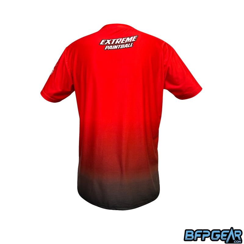 The back of the Extreme Paintball stretchy soft shirt. Red to black fade with the words Extreme Paintball at the nape of the neck.