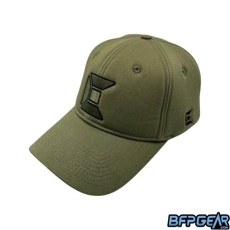 The Exalt Bounce Hat in olive. Looks like a standard baseball hat, but the material is high density foam to help soften the impact of incoming paintballs.