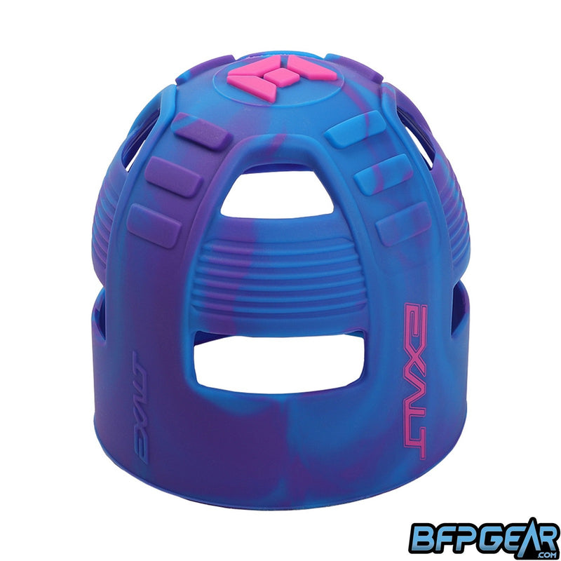 The Exalt Tank Grip in Bubble Gum. The pattern is a mix of blue and purple in a swirl pattern. The top of the tank grip has Exalt's insignia on it.