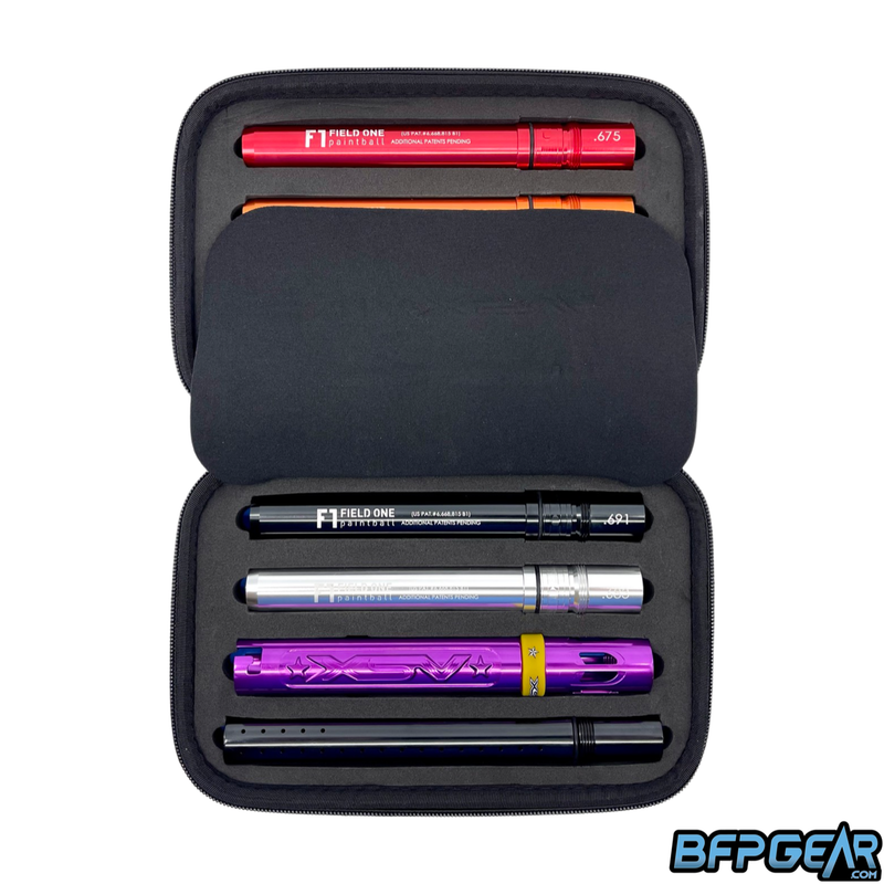 A picture of the XSV Acculock barrel in the protective case. A middle flap covers four of the inserts, and displayed are two inserts, gloss purple XSV barrel back, and a gloss black barrel tip.
