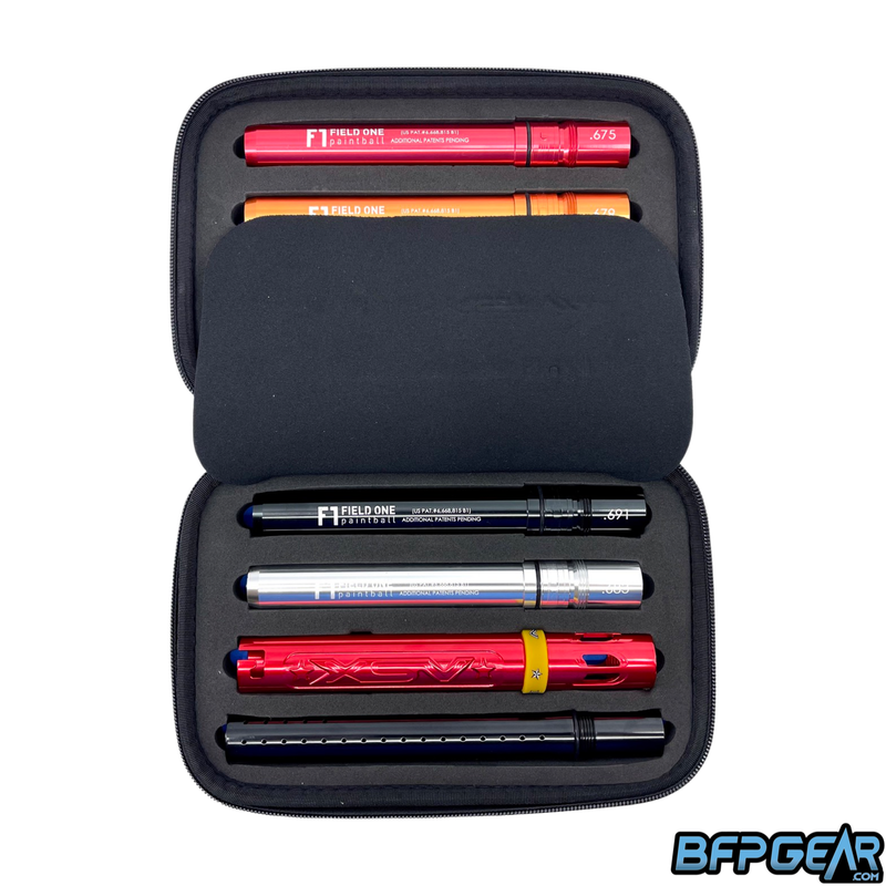 A picture of the XSV Acculock barrel in the protective case. A middle flap covers four of the inserts, and displayed are two inserts, gloss red XSV barrel back, and a gloss black barrel tip.