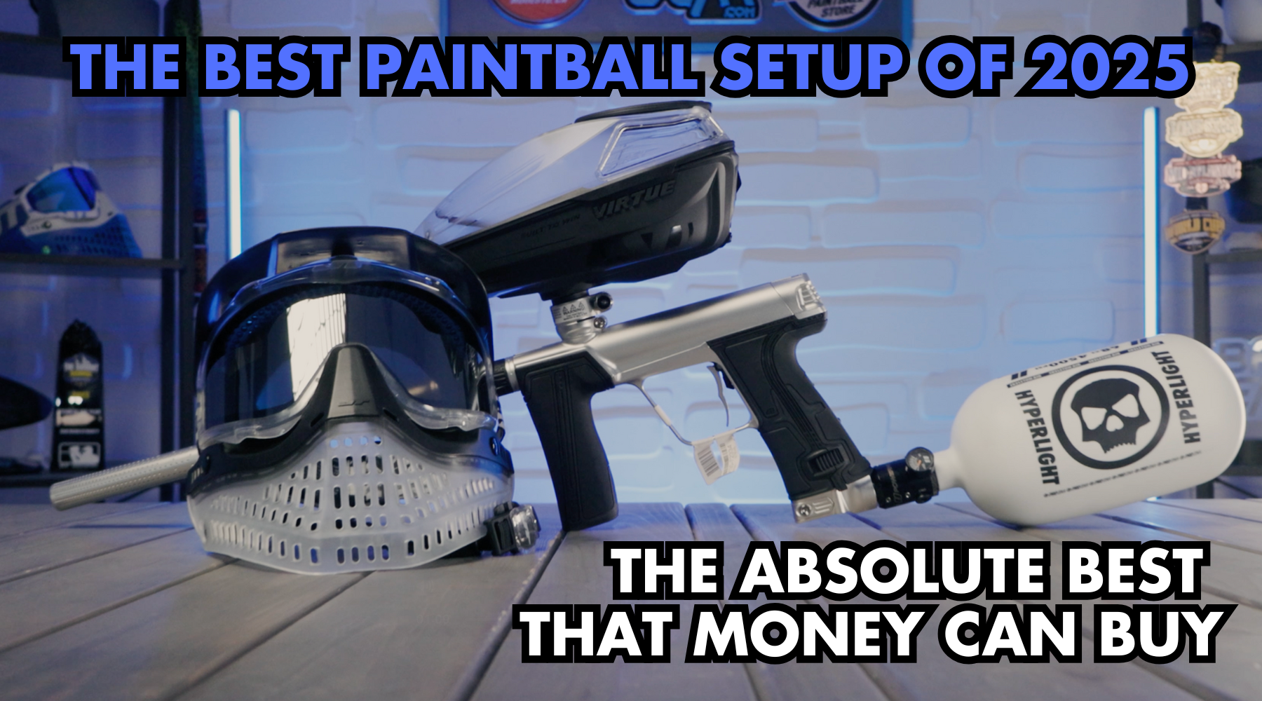 Premium paintball setup featuring Planet Eclipse CS3 Pro, Virtue Spire V, Infamous Hyperlight Tank, and JT ProFlex mask.