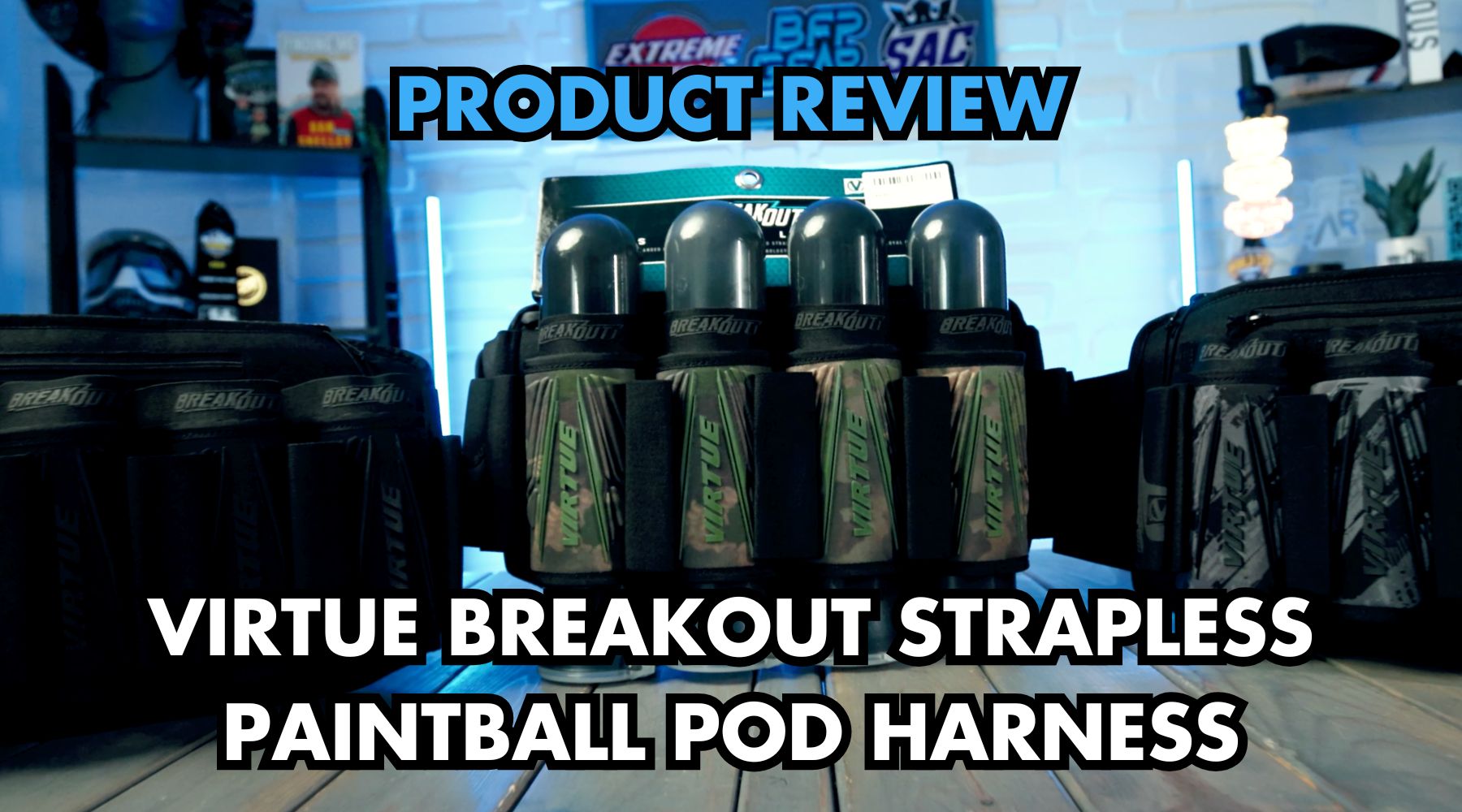 Breakout strapless paintball harness with one-handed pod reload system and stable tournament fit