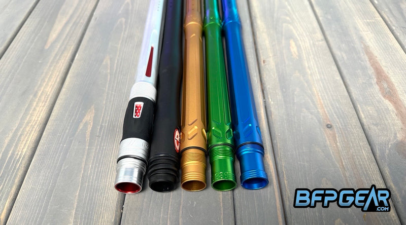 Pictured here are 5 different barrels with different barrel threading.