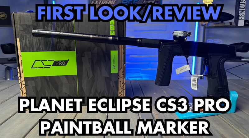 An image showing the Planet Eclipse CS3 Pro Paintball marker. Text says First Look/Review, and shows the box that the CS3 Pro comes in.