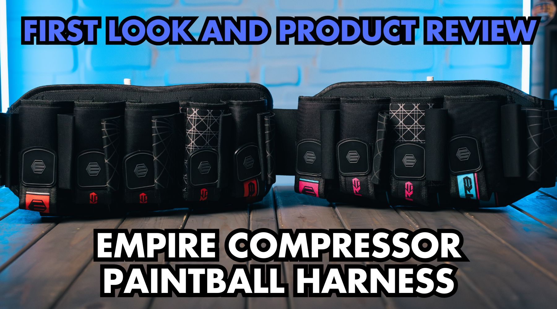 Empire Compressor Paintball Harness with 6-belt stability system, elastic ejectors, and extended lumbar support for secure, bounce-free performance.