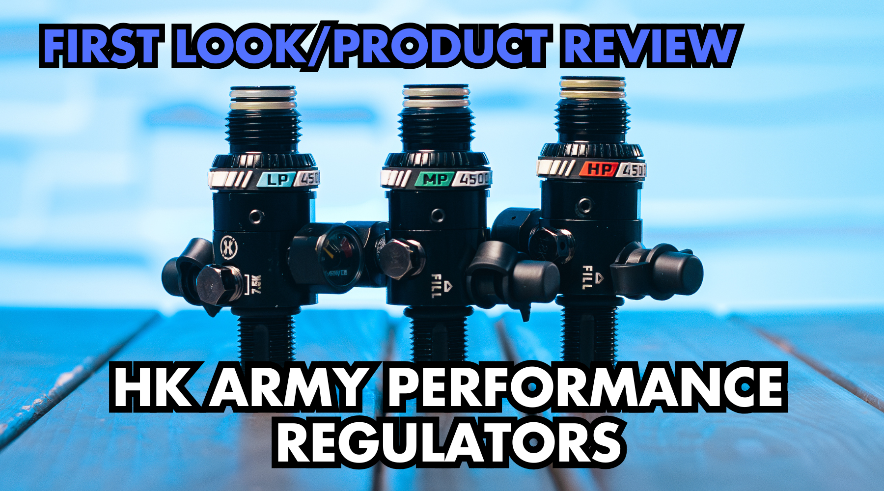 HK Army Performance Series Paintball Regulator with aircraft-grade aluminum body, 250–300 psi output, full-color gauge, and protective fill valve cover.