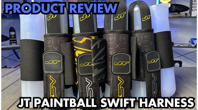 An image with the XSV style JT Swift pod pack. Text reads out Product Review, JT Paintball Swift Harness