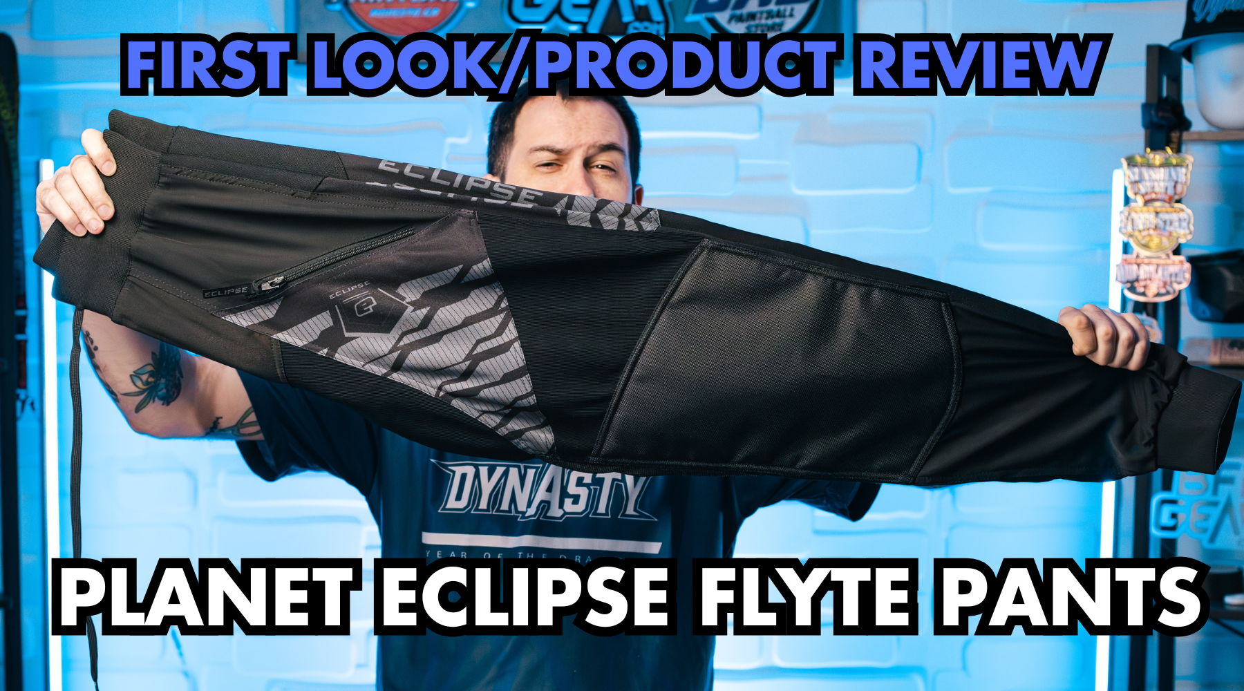 Planet Eclipse FLYTE Paintball Pants with lightweight athletic design, reinforced knees, adjustable waist straps, and ventilated stretch zones.