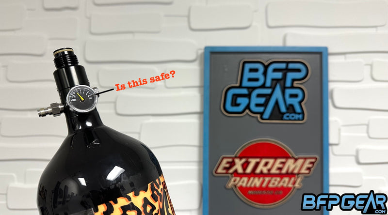 Pictured is an air tank with the gauge reading air inside, and next to it there is text that reads, "Is this safe?" The BFPGear.com logo and Extreme Paintball logo are next to the air tank