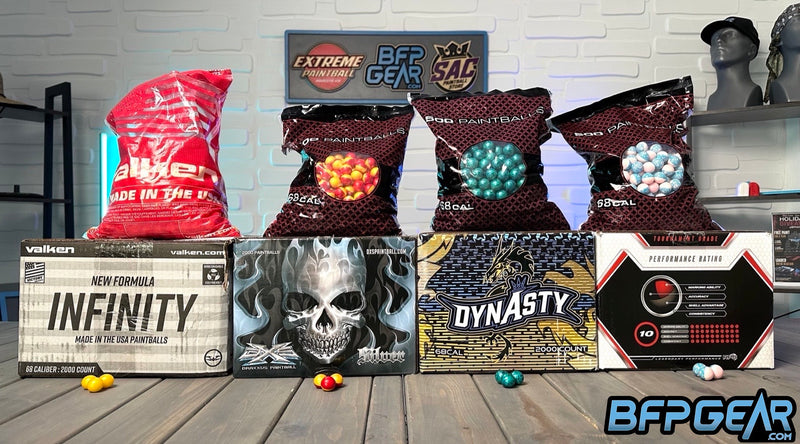 Pictured from left to right: Valken Infinity, Draxxus Silver, Dynasty Pro Team Paintballs, Empire Evil.