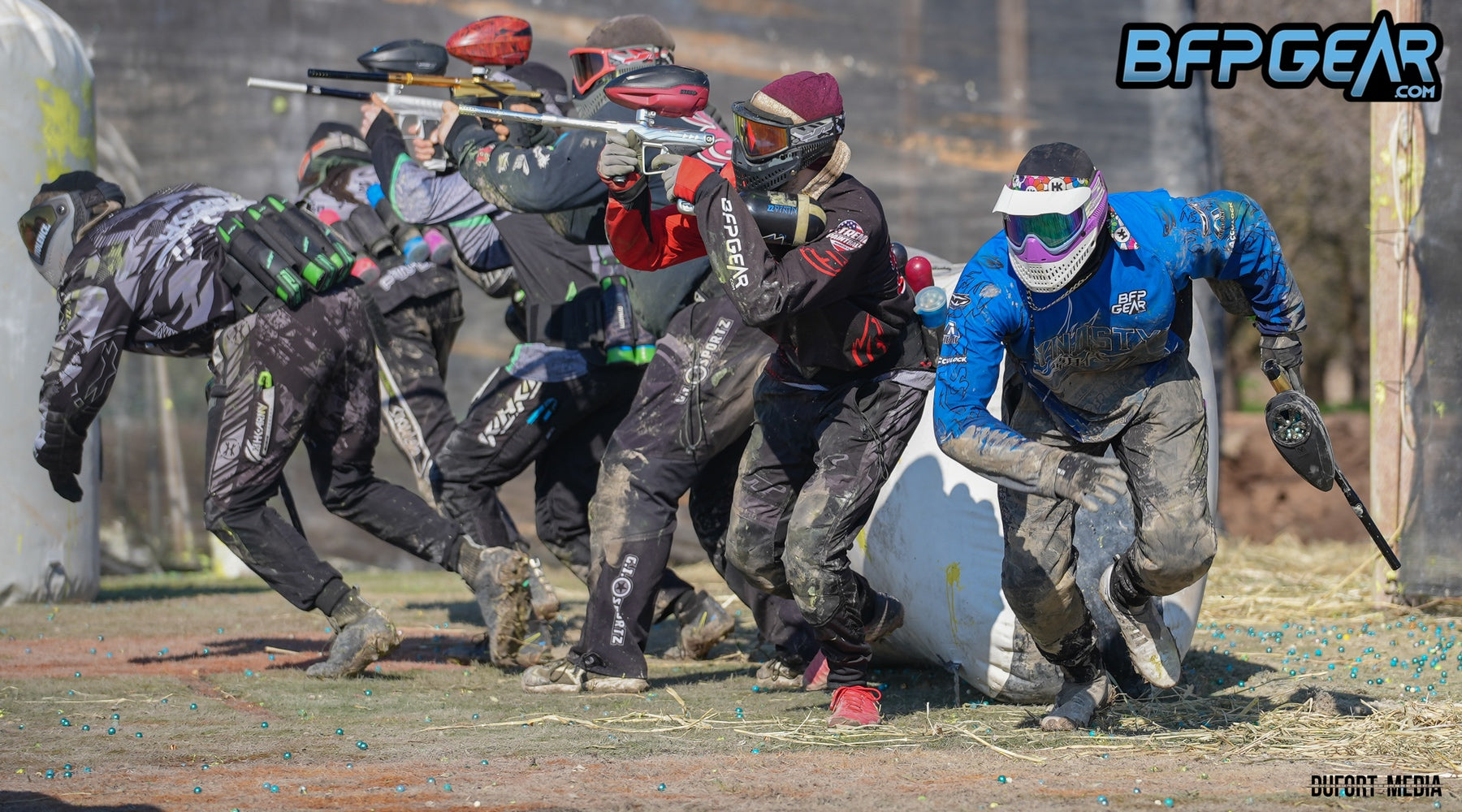 Photo by Dufort Media of a breakout. Players are moving from the start gate to get to their spots quickly, with some players already shooting.